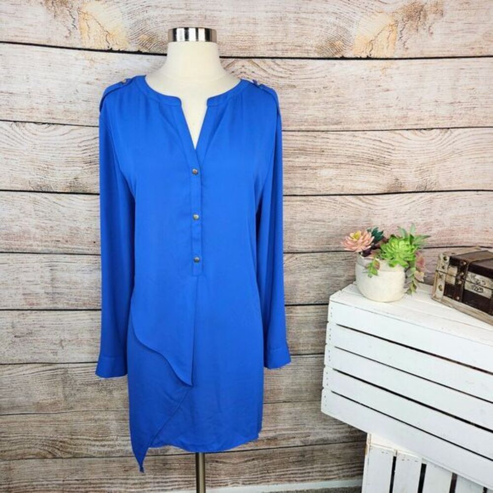 Chico's Royal Blue Asymmetric Tunic Dress Long Sleeve Button Front Size Large